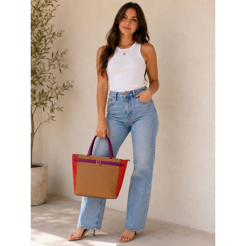 Kate Spade New York Pebbled Leather Colorblock Tote Bag Tan Red Purple